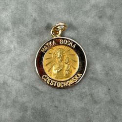 Solid 14k Yellow Gold Catholic Pendant - Polish- Matka Boska Czestochowska -