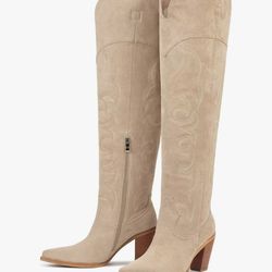 ISNOM Knee High Cowboy Cowgirl Boots for Women, Western Boots with Pull On Tab, Chunky Heel Design, Unique and Stylish