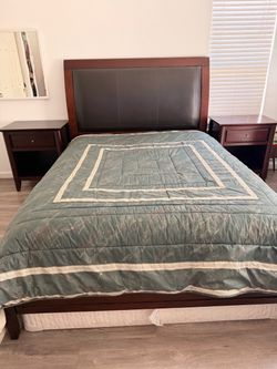 Dark Cherry Wood Bedroom Set – Bed Frame + 2 Matching Nightstands PLUS MATTRESSES