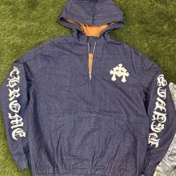 Chrome Hearts Denim Quarter-Zip Hoodie Jacket - Size Medium 