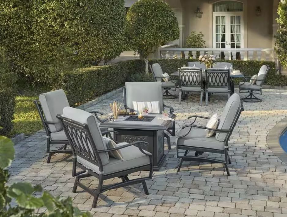 Home Decorators Collection St. Charles 5-Piece Aluminum Motion Outdoor Fire Conversation Patio Fire Pit Set with Sunbrella Cast Mist Cushions