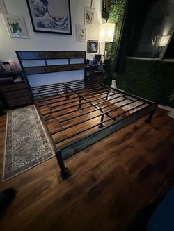 Queen size bed frame black frame rustic wood finish