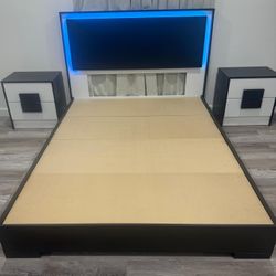 Brand New Queen Bed Frame with LED Lights and 2 Nightstands / Cama Queen con Luces LED y 2 Mesas de Noche Nuevo a Estrenar .. Fast 🚚 