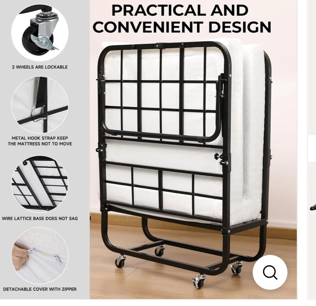 Folding Bed 75" x 31" Portable Rollaway Bed with Mattress, rolling wheels, Dust Proof Cover Size 31 INCH Special Feature Folding Bed Color