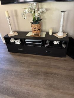 Dark brown TV Stand w Drawers and Open Shelves