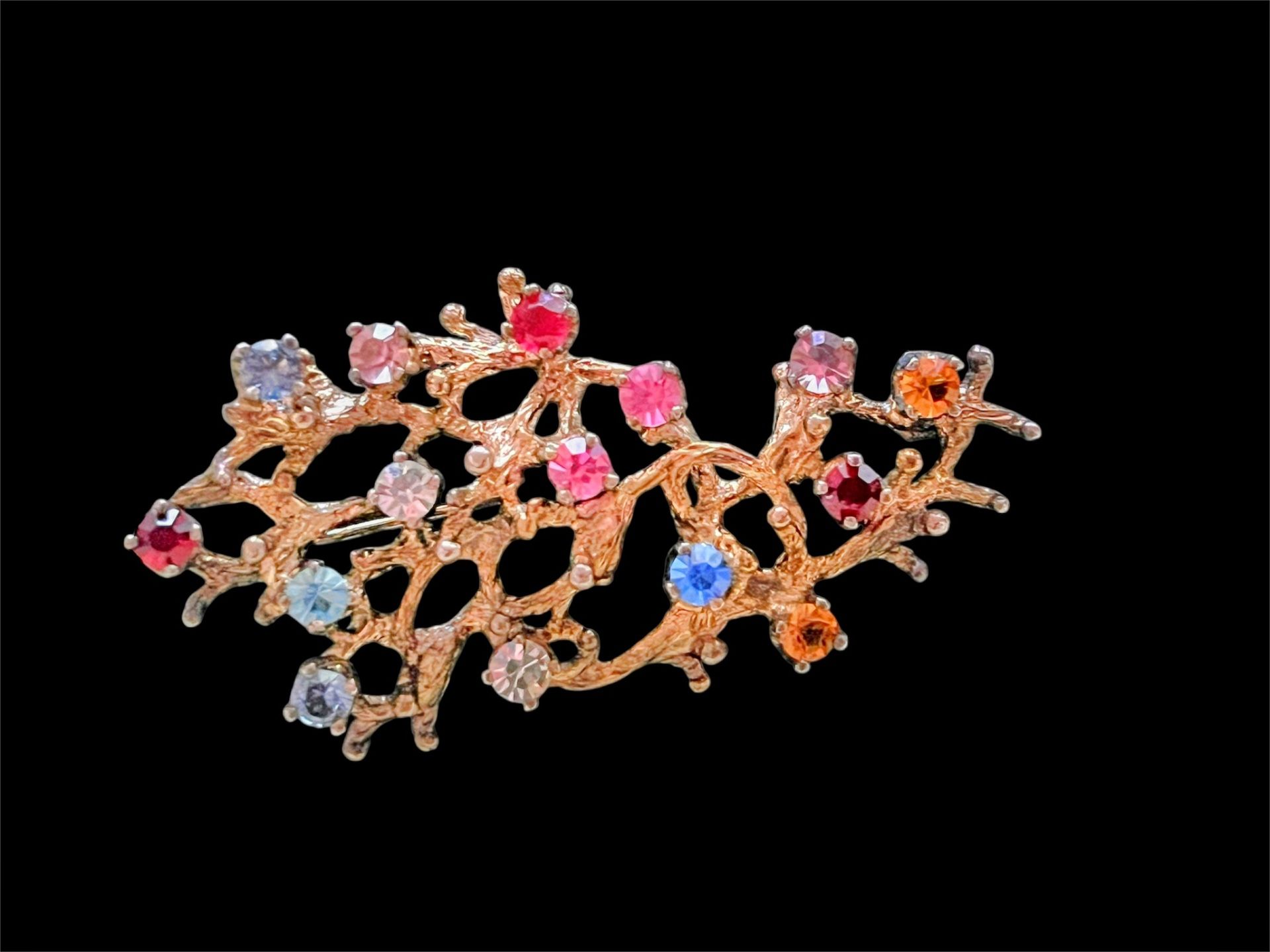 Vintage Ster. PC Brooch Pin Multi Color Rhinestone Crystal Gold ToneBranch