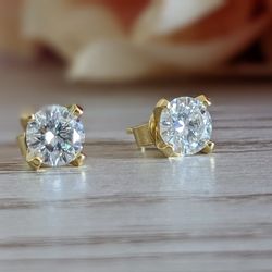 1CT X 2 Authentic Moissanite 4 Prong Earrings 18k Gold over 925 Sterling Silver