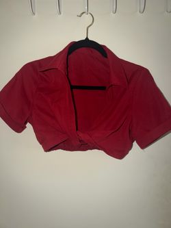 Red cropped tie over shirt