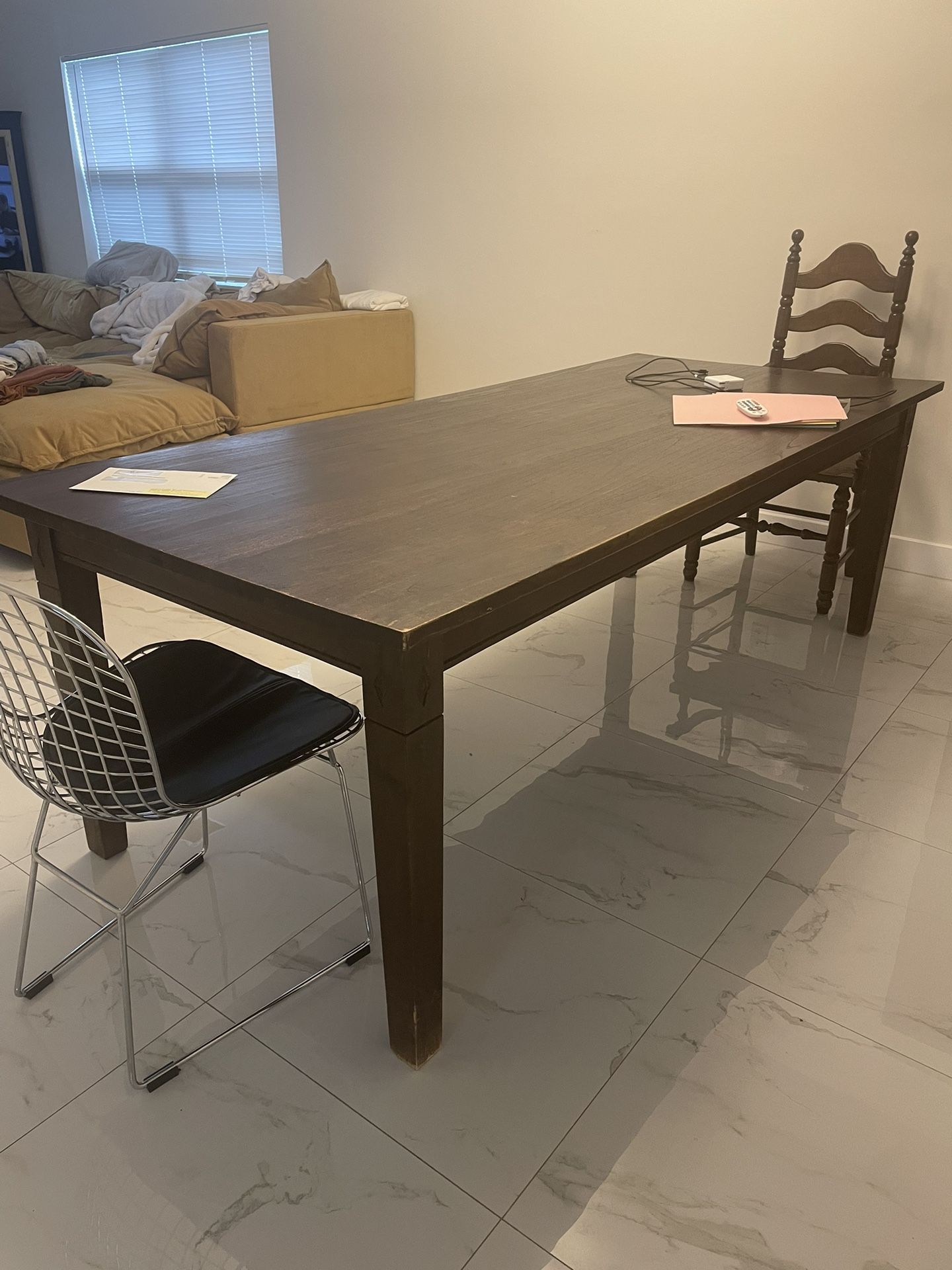 Beautiful Solid Wood Dining Table 84” Plus Two Matching Wood End Chairs