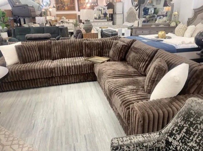 Chocolate Jumbo corduroy stationary sectional sofa with pillows