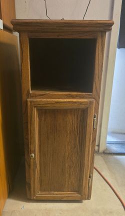 Oak Wood Cabinet with Open Shelf and Door