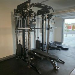 NEW Squat Rack Smith Machine Functional Trainer Cable Cross Over  Adjustable Bench Press 45lb Barbell Bumper Plates Home Gym 