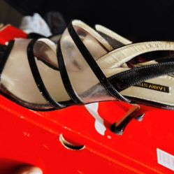 L Larry Stewart Leather And PVC Slingback High Heel Black Sandals