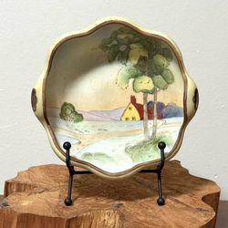 Antique Nippon Morimura Hand Painted Scenic Country House Handled Bowl Trinket Dish Circa 1911 - 1921
