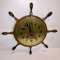 Vintage Nautical Ship Wheel Wall Clock Wooden Maritime Steering Helm 18” Decor