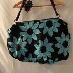 Ladies Vintage blue & black floral overnight tote bag travel bag with strap weekender bag Floral Tote Bag