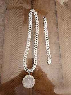 925 real silver cuban chain with pendant and bracelet