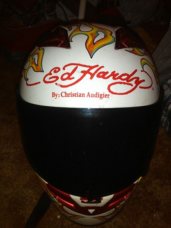 Rare Ed Hardy Motorcycle helmet with White Tiger and Flames Graphics
