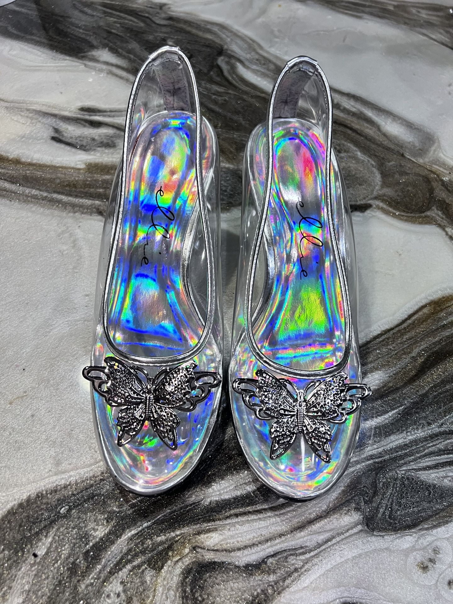 Ellie Cinder 305 clear vinyl Butterfly Princess Heels size 6