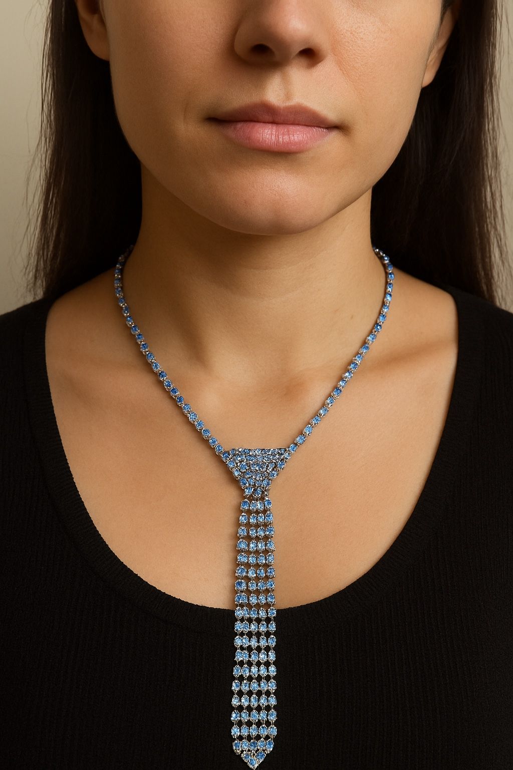 Silver Rhinestone Tie Necklace