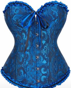 Blue Brocade Overbust Corset with Ruffle Trim