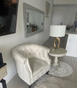 4-Piece Living Room Set: Tufted Accent Chair + End Table, Gold Lamp & Large Mirror