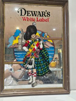 Vintage Dewar's White Label Scotch Whisky Framed Bar Mirror Highlander Sign