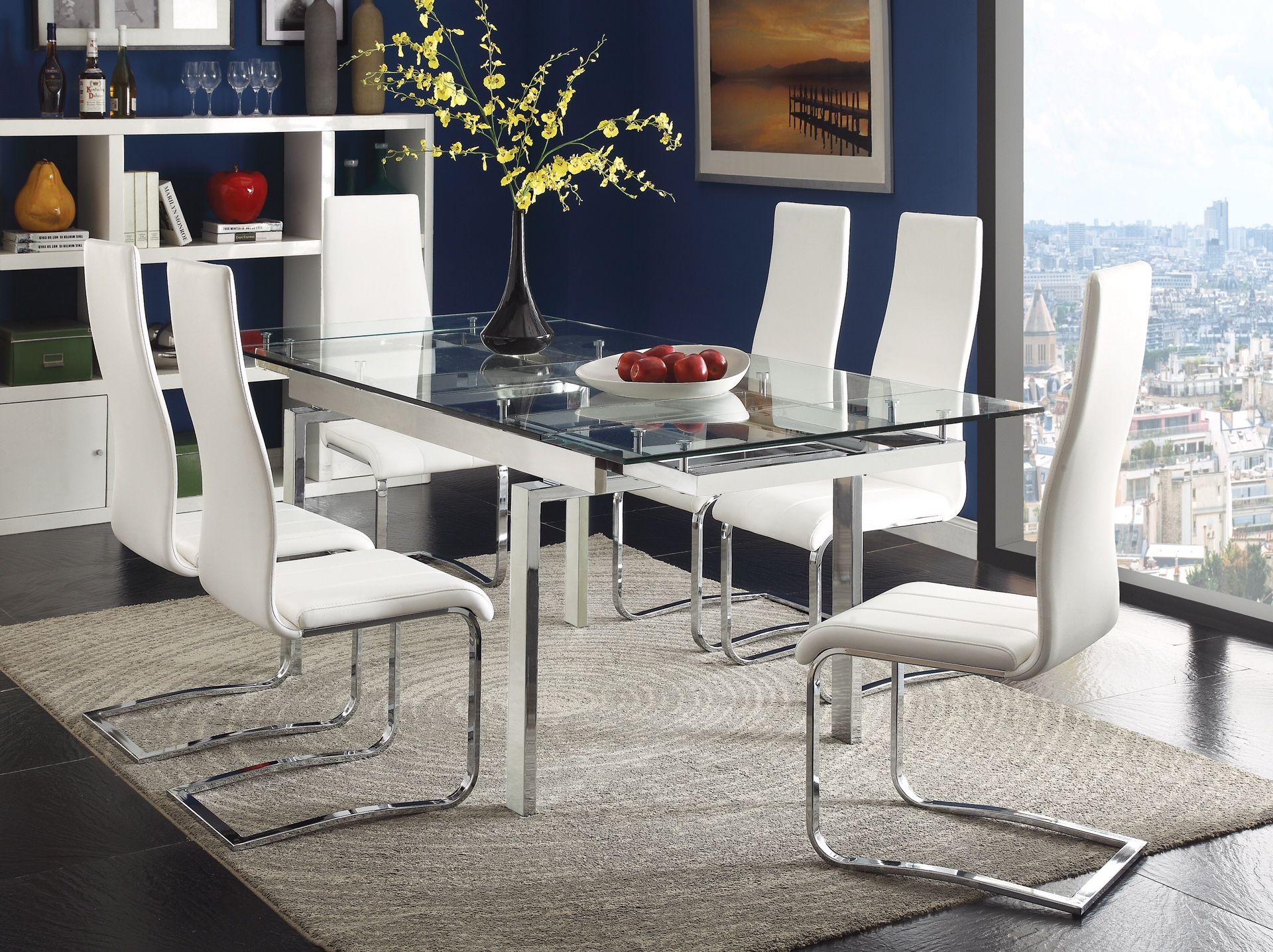 7-piece Dining Set with 6 White Chairs and Tempered Glass Top Dining Table with Chrome Base