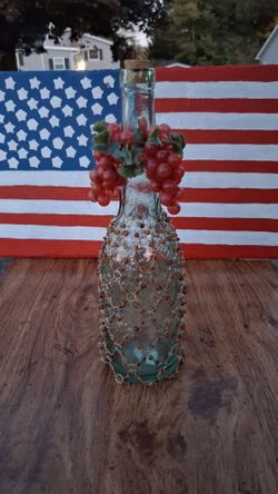 Decorative Glass Bottle with Beaded Wire and Grape Accents