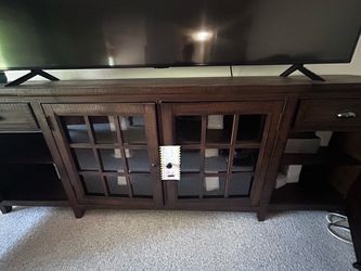 Dark Brown Wood TV Stand with Glass Doors