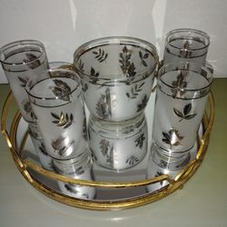 Vintage, Silver Leaf, 5 Pieces. Set, Ice Bucket, And, 4 Glasses, Very Good, Condition.