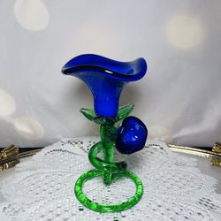 MURANO  Cobalt Blue Rose Flower Tulip Art  Deco Glass Candle Candlestick Holders