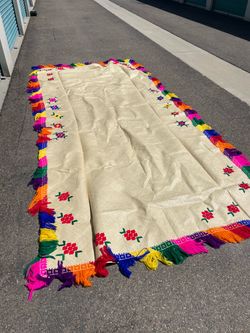 Traditional vintage Tongan woven mat fala fihu 14’x7’ colorful yarn embroidery and fringes
