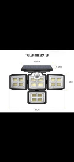 Durable solar motion sensor solar light solar, 198 LEDs, super bright water, heat, and frost resistant, rated IP65 waterproof. Features auto ON/OFF. I