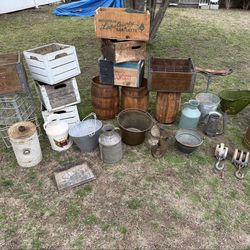Vintage Antiques Wooden Crates Wooden Barrels planter jugs buckets trades available or all for 300