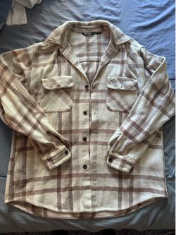 Billabong beige and brown plaid fleece jacket.