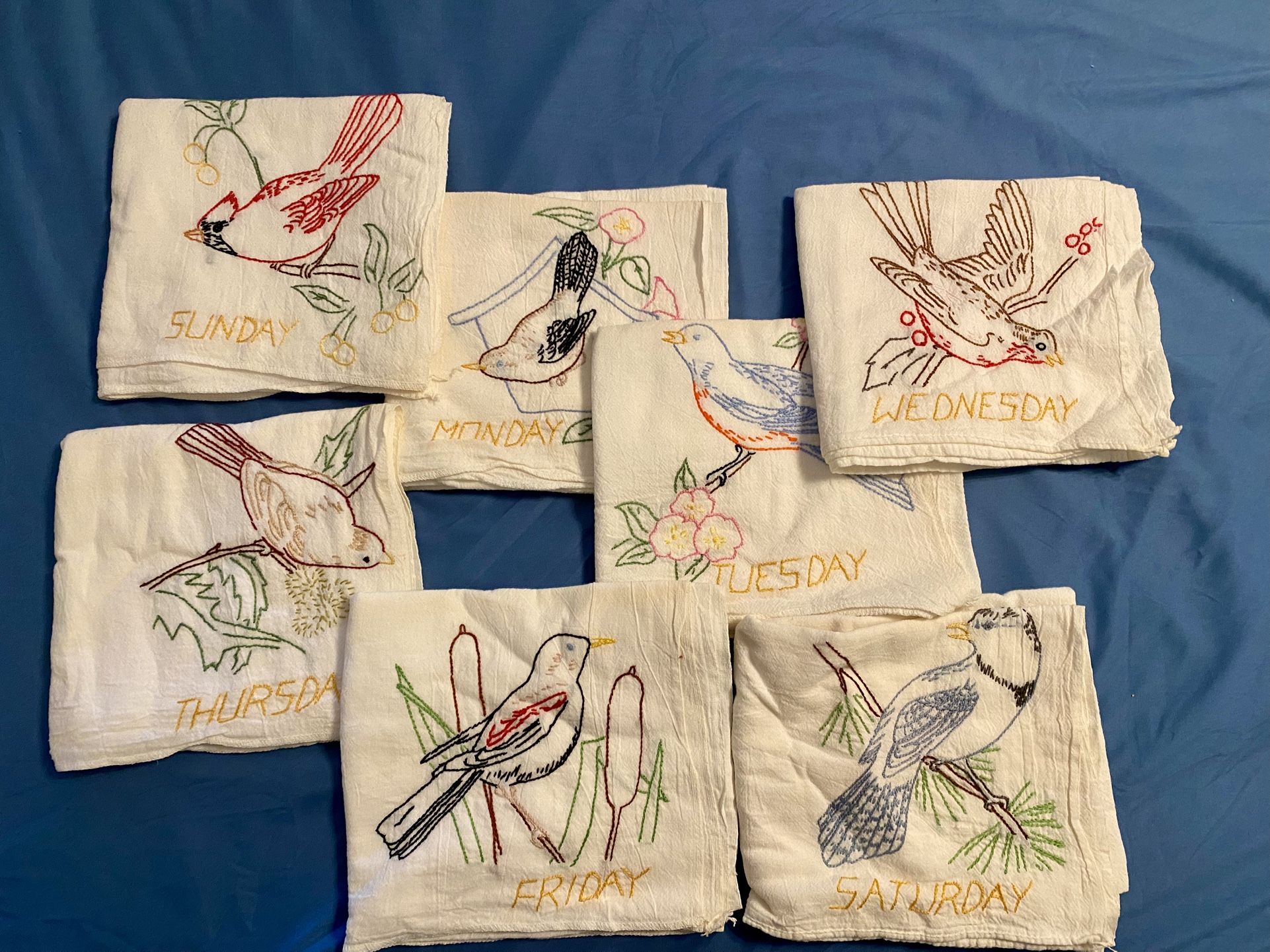 Vintage Flour Sack Kitchen Towels Embroidered Set Of 7