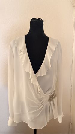 Delaru White Ruffle Wrap Blouse Beaded Waist Women's 12