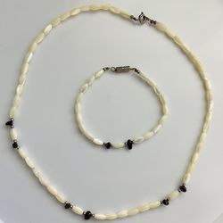 Freshwater Rice Pearl and Amber Necklace and Bracelet Set