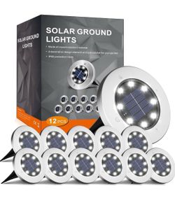 Brandnew 12 Pack 4.6 Inch Solar Ground Lights Outdoor, Waterproof, Cold White 8 LEDs, 600mAh Ni-MH battery, 8-10 hr runtime, stainless steel and ABS b