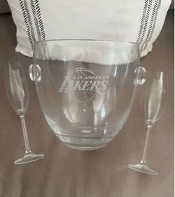 Crate and Barrel Ice bucket and pair Champagne Flutes-Los Angeles Lakers