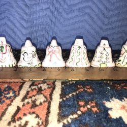 6 Hand Painted Ceramic Christmas Bell Ornaments Signed By Artist