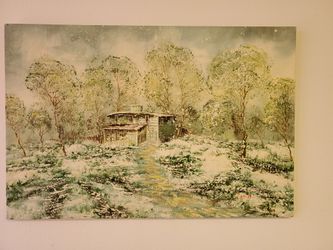 Painted Winter Snowy Grassland House Scene 24"x36" Painting