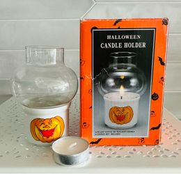 Vintage Halloween smiling jack o lantern pumpkin glass candle holder  Unused in box. With candle.