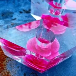 Vintage Midcentury 1960s Pair Of Lucite Candle holders With Embedded Pink Roses 