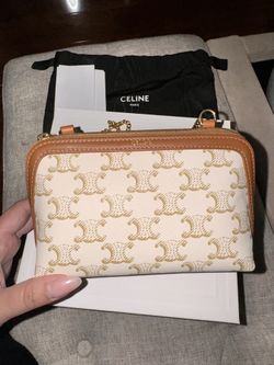 CELINE CLUTCH WITH CHAIN IN TRIOMPHE CANVAS AND LAMBSKIN WHITE/TAN
