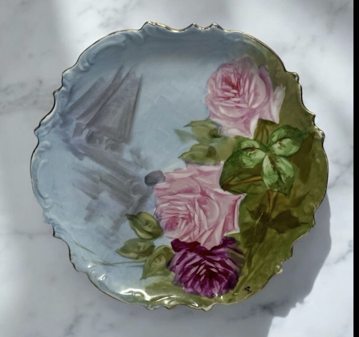 Antique Hand Painted Limoges Porcelain Plate Pink & Yellow Roses