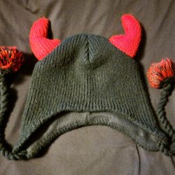 Red Horned Devil Knitted Hat With Tassle PUFFS