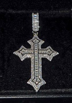 Iced Out Silver Cross/ Baguette Cut Moissanite Center