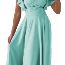 Dokotoo Women's V Neck Elegant Party Dress Short Sleeve Skater Dress Wedding Guest Dresses